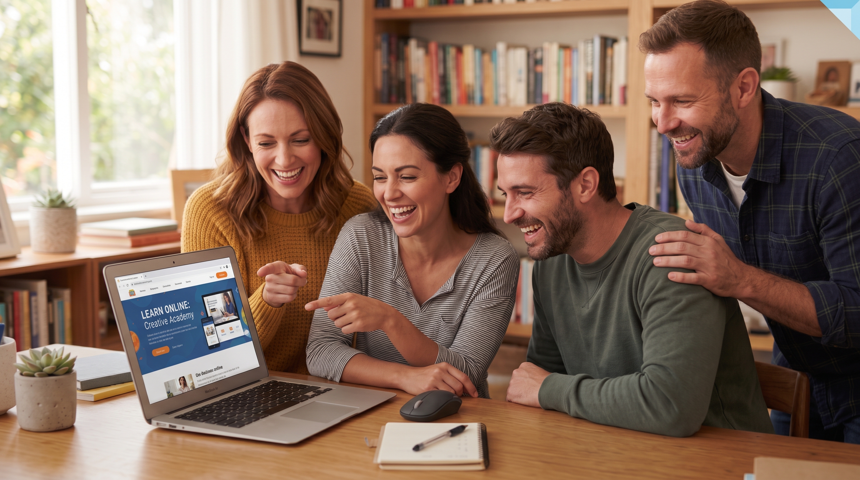 Familia sonriente aprendiendo junta frente a una computadora