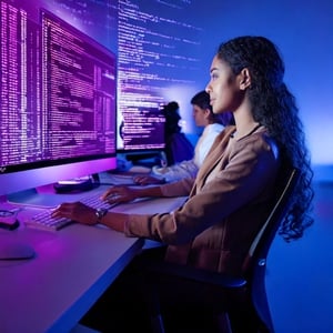 Firefly_fondo tech color purpura, con estilo futurista y elegante computadora con codigo html 125128